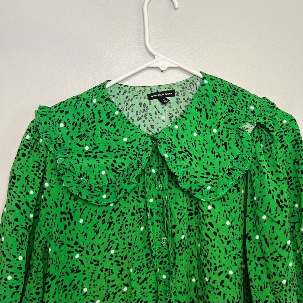 Who What Wear Long Sleeve Maxi Dress Size S Green Black White Dots Peter Pan - Picture 3 of 16